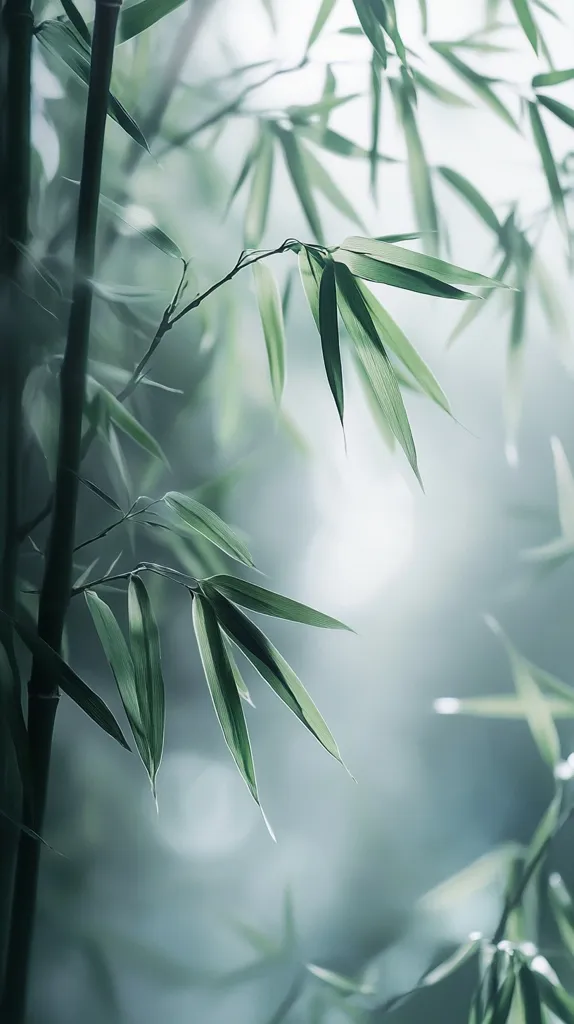 The image showcases a close-up of bamboo leaves, their vibrant green hues contrasting against a soft, ethereal background. The delicate, elongated leaves are arranged in a natural, flowing pattern, creating a sense of tranquility and serenity. The light filters through the foliage, casting a gentle glow on the scene. The image captures the beauty of nature, emphasizing the simplicity and elegance of bamboo.