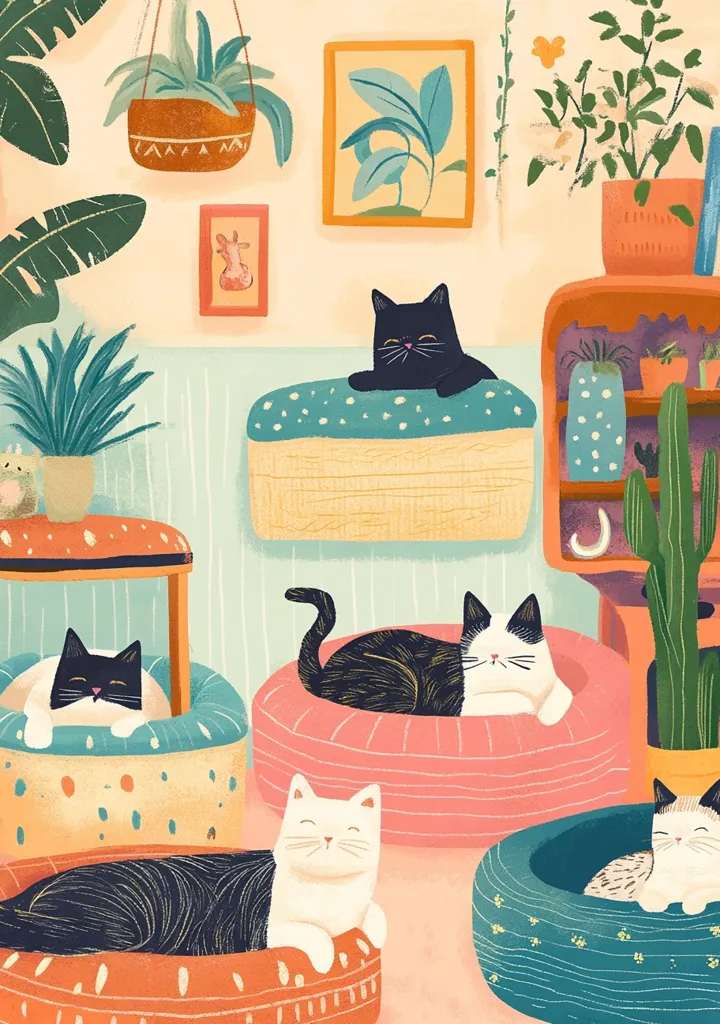 The image shows a cozy living room with five cats lounging in different beds.  There are potted plants and a bookshelf in the background. The room has a cheerful and bright color scheme with warm tones. The cats look content and relaxed in their comfortable spaces.  The overall scene evokes a sense of peace and tranquility.