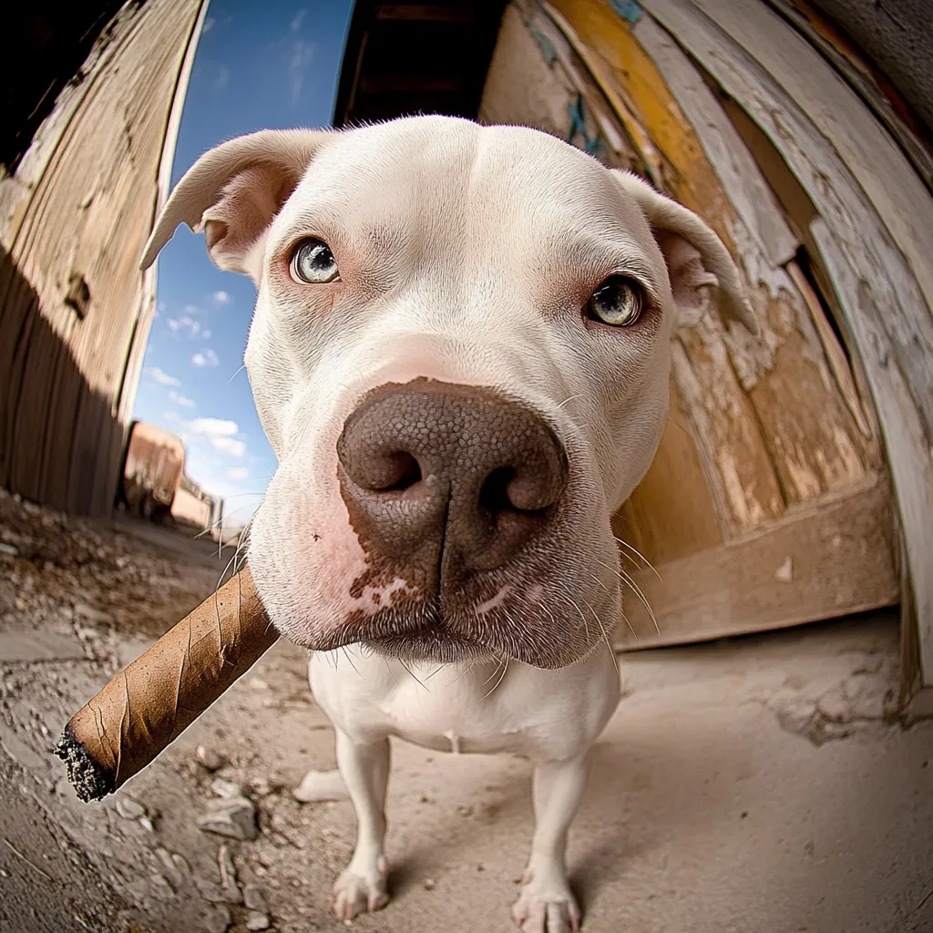 A white pit bull terrier with blue eyes and a brown nose sits in front of a wooden door, holding a large cigar in its mouth. The dog is looking directly at the camera, as if daring the viewer to take it on. The photo is taken from a low angle, creating a distorted perspective that makes the dog appear larger than life. The image is humorous and playful, and it captures the dog's personality perfectly.