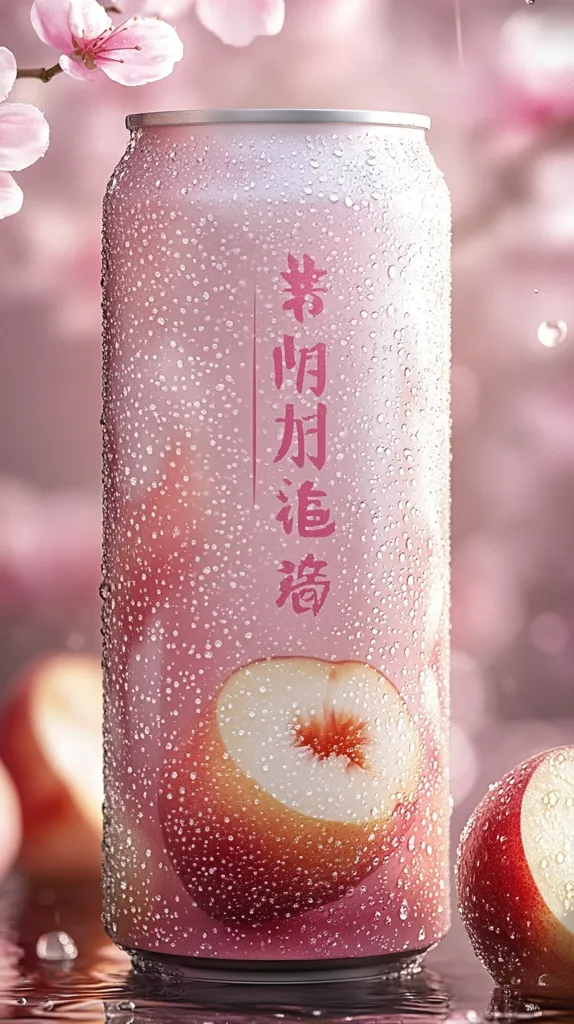 A pink can with a peach design sits on a wet surface. The can is covered in condensation droplets. A partial peach is visible to the right of the can. Behind the can, a pink blossom branch is blurred out of focus. The words on the can are in Chinese.  The can likely contains a peach-flavored beverage.