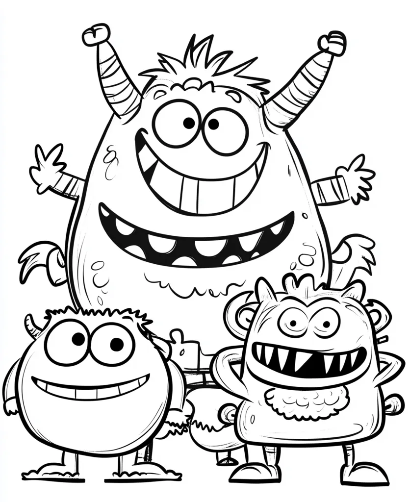 The image shows three cartoon monsters. The largest monster has a big smile and is waving its arms. The monster on the left has a wide, friendly smile. The monster on the right has a big, toothy grin. All the monsters have large eyes. The image is drawn in black and white.