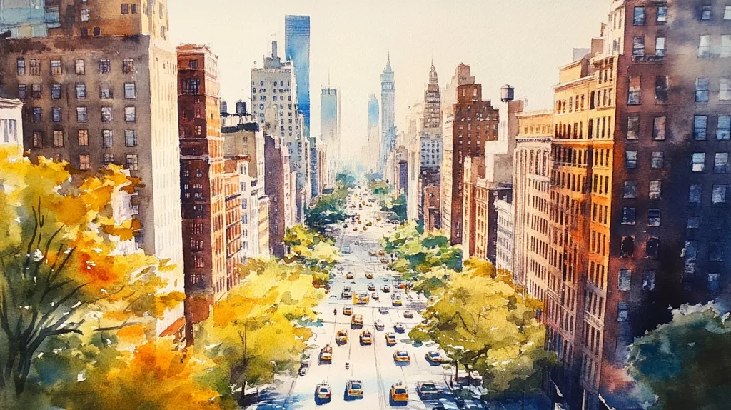 The watercolor painting depicts a bustling cityscape, likely New York City, with tall buildings lining a street below. The buildings are a mixture of old and new architecture, with a mix of brownstone and modern skyscrapers. The street is filled with cars and traffic, while trees in vibrant yellow hues line the sides. The sun illuminates the scene, casting a warm glow over the city. The painting captures the vibrancy and energy of urban life.