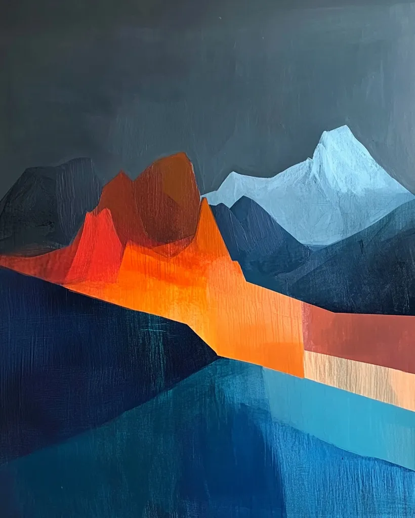 The image is an abstract painting depicting a mountain range against a dark sky. The mountain peaks are rendered in a variety of blues and oranges, while the sky is a deep, almost black, blue. The painting uses bold, geometric shapes to create a sense of depth and perspective. The colors are vibrant and expressive, creating a dramatic and powerful visual statement. The painting's abstract style allows for a wide range of interpretations and evokes a sense of mystery and awe.
