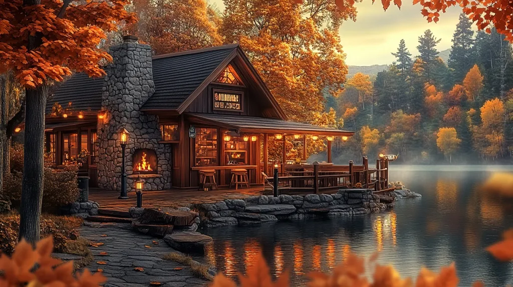 A cozy wooden cabin sits on the edge of a serene lake. The surrounding forest is ablaze with vibrant fall foliage, creating a picturesque autumnal scene. The cabin's windows glow with warm light, hinting at a welcoming atmosphere within. A stone fireplace, complete with a roaring fire, adds to the inviting ambiance. The peaceful lake reflects the colors of the season, creating a captivating visual harmony.