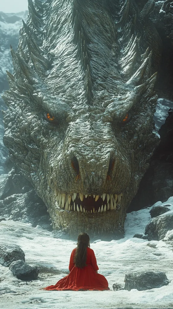 A woman in a red dress sits on snowy ground, facing a massive, menacing dragon. The dragon's head fills the frame, its sharp teeth bared in a terrifying snarl. The woman appears small and vulnerable against the dragon's imposing presence, creating a sense of imminent danger and dramatic tension. The scene evokes a sense of fantasy and epic adventure.
