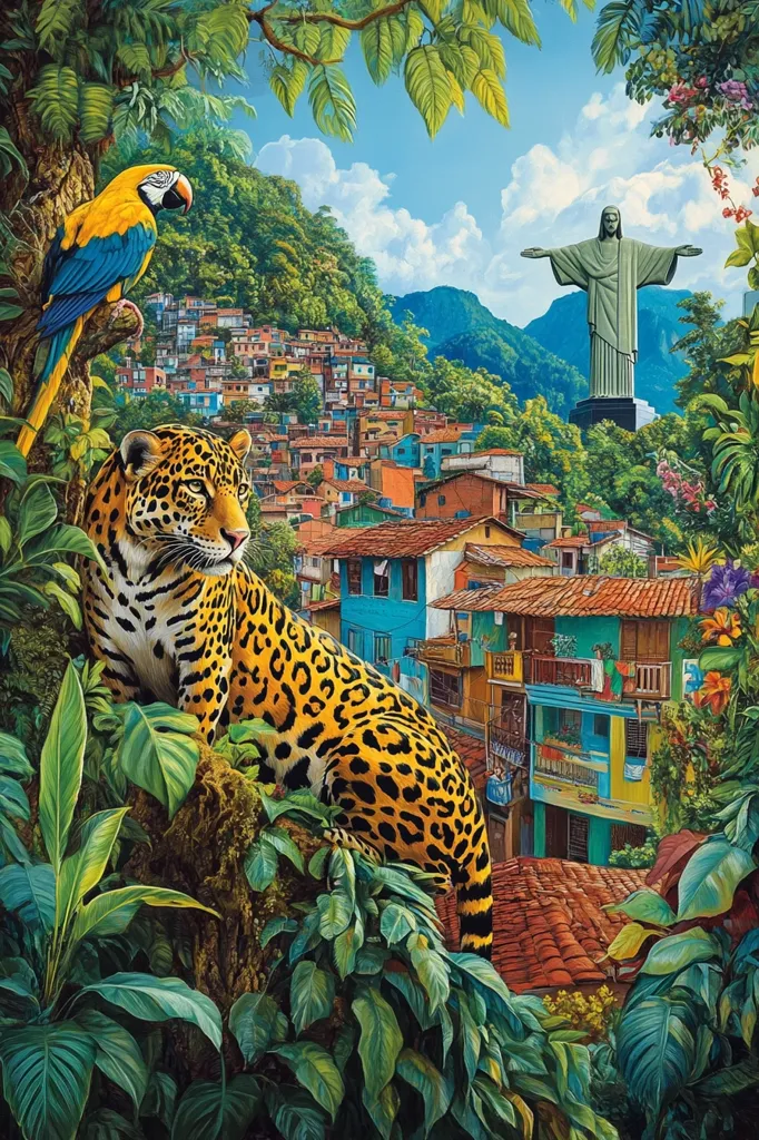 A vibrant jungle scene with a jaguar perched on a tree branch overlooking a bustling city. The city is nestled amongst lush green hills, with a statue of Jesus Christ standing tall in the distance. A blue and yellow macaw perches on a branch nearby, adding to the exotic ambiance. The scene is filled with vibrant colors and intricate details, creating a sense of wonder and adventure.