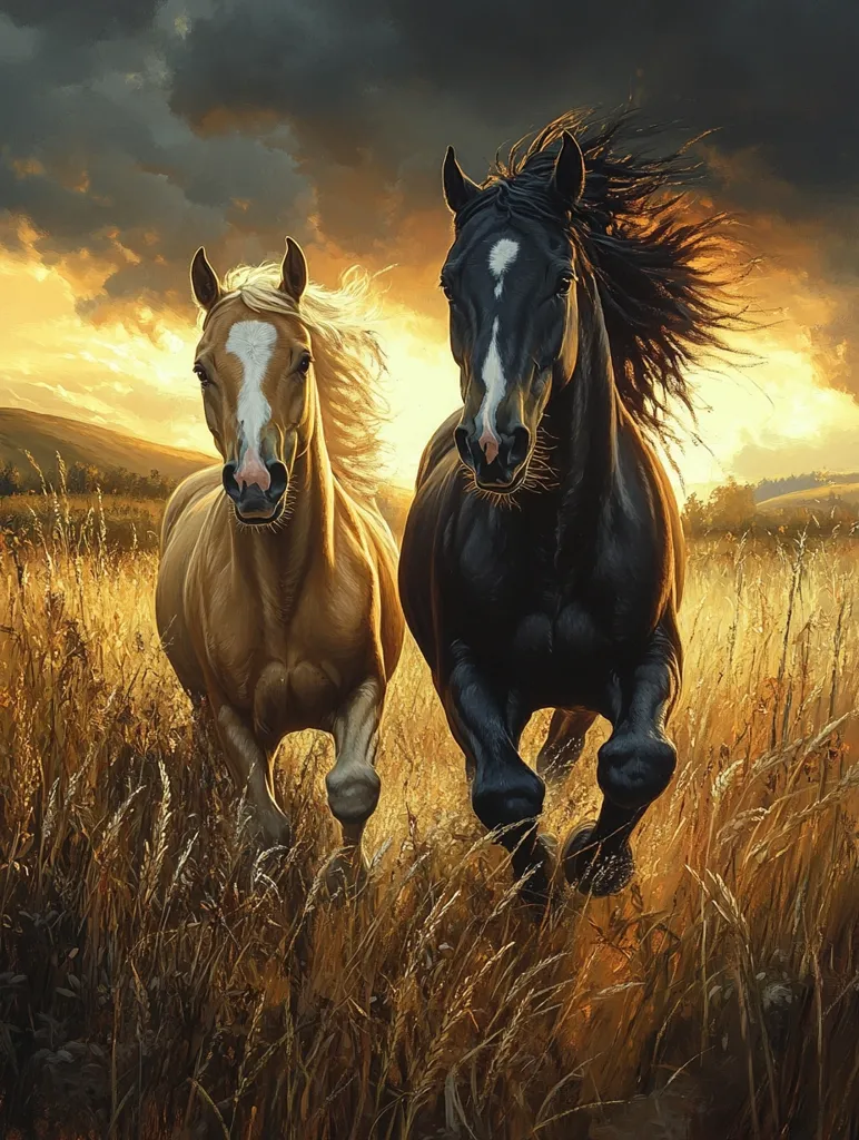 Two horses, one brown and one black, run through a field of tall grass at sunset. The brown horse has a white blaze on its face, and the black horse has a white star on its forehead. The sky is filled with dramatic clouds, and the sun is setting in the distance. The horses are running in the same direction, their manes and tails flowing behind them. The image is a beautiful depiction of the power and beauty of horses.