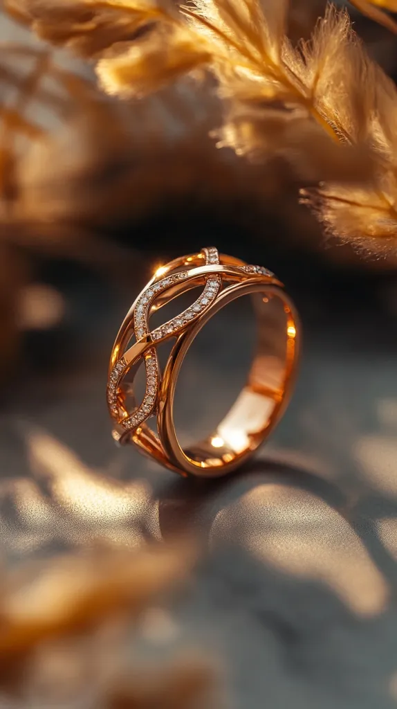A close-up of a gold ring with a diamond-encrusted band. The ring is in focus, while the background is blurred, creating a sense of depth. The ring is resting on a gray surface with subtle light reflections. The ring's intricate design is highlighted, emphasizing the craftsmanship and beauty of the jewelry.