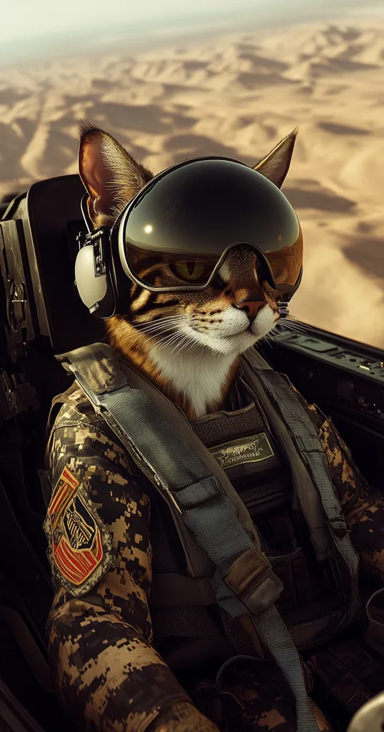 A tabby cat wearing a camouflage uniform and aviator goggles sits in the cockpit of a jet. The cat appears to be a pilot, looking straight ahead with a serious expression. The blurry background shows a sandy desert landscape, possibly from an aerial view. The cat's attire and the environment suggest a military setting.