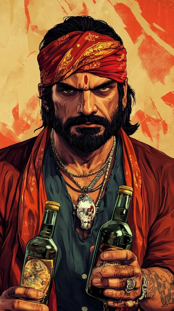 A man with a dark beard and a red bandana with gold accents on his head, stares intently at the viewer. He is wearing a red and blue shirt, a silver necklace with a skull charm, and several rings. He is holding two bottles of dark liquid in his hands. The background is a blur of yellow and orange. The man's expression is serious and intense. The image is full of color and detail.