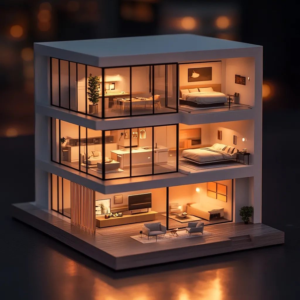A miniature model of a modern three-story house with large windows, showcasing the interior design. The first floor reveals a living room with a sofa and a TV. The second floor features a kitchen and a dining area, and the top floor displays a spacious bedroom. The house is illuminated from within, casting a warm glow against a dark background. The model sits on a wooden base, reflecting the warm lighting.