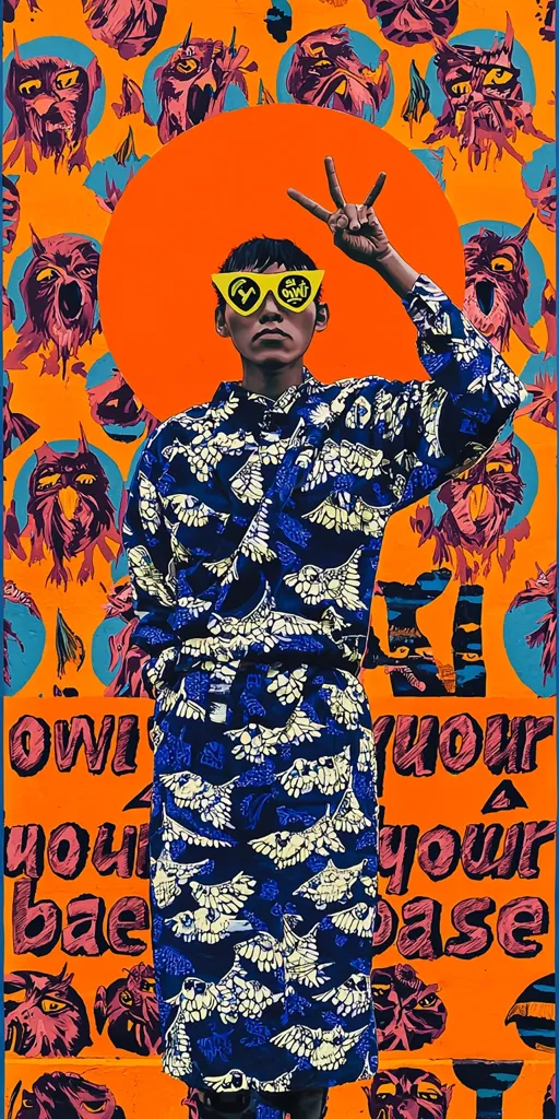 The image features a person wearing a blue and white patterned shirt and yellow sunglasses, standing in front of an orange and blue background with a large orange circle behind their head. The background is covered in various cartoon-like creatures, with a text saying "own your base". The person has their right hand raised in a peace sign. The image has a vibrant and playful style.
