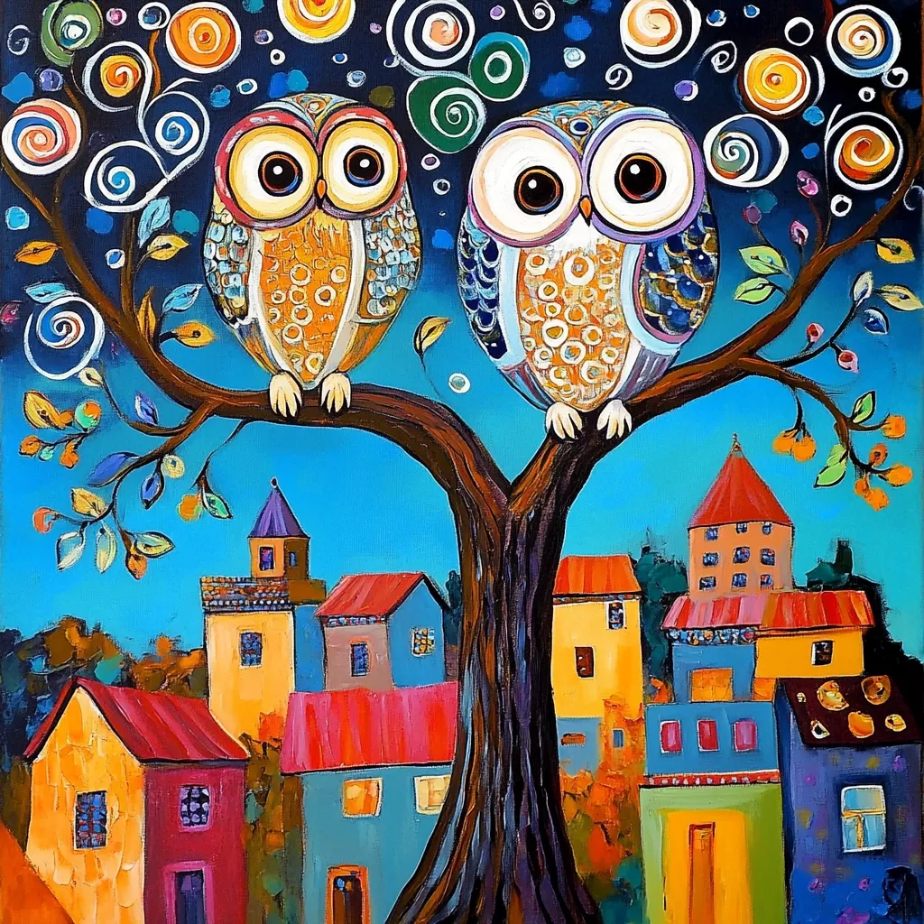 The painting depicts two colorful owls perched on a thick tree branch, with a vibrant cityscape behind them. The owls are stylized with large, round eyes and intricate patterns. The cityscape features rows of colorful houses, each with unique details and whimsical designs. The background is filled with swirling patterns, representing a fantastical night sky with stars and twinkling lights. The overall mood of the painting is lighthearted and playful, showcasing a whimsical world where owls and houses coexist.