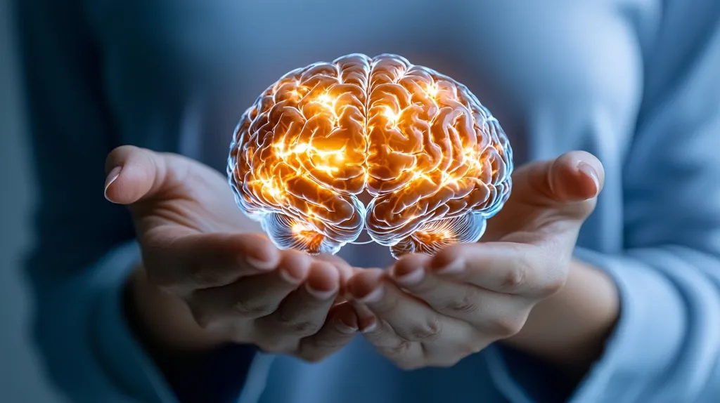 A person is holding a glowing, transparent image of a human brain in their cupped hands. The brain is depicted with intricate detail, showcasing its different lobes and folds. The image suggests concepts of knowledge, intelligence, and the power of the human mind. The warm, glowing light emanating from the brain creates a sense of wonder and awe.  The person's hands, with their gentle touch, suggest care and protection. The image evokes a sense of reverence and appreciation for the complexity and potential of the human brain.