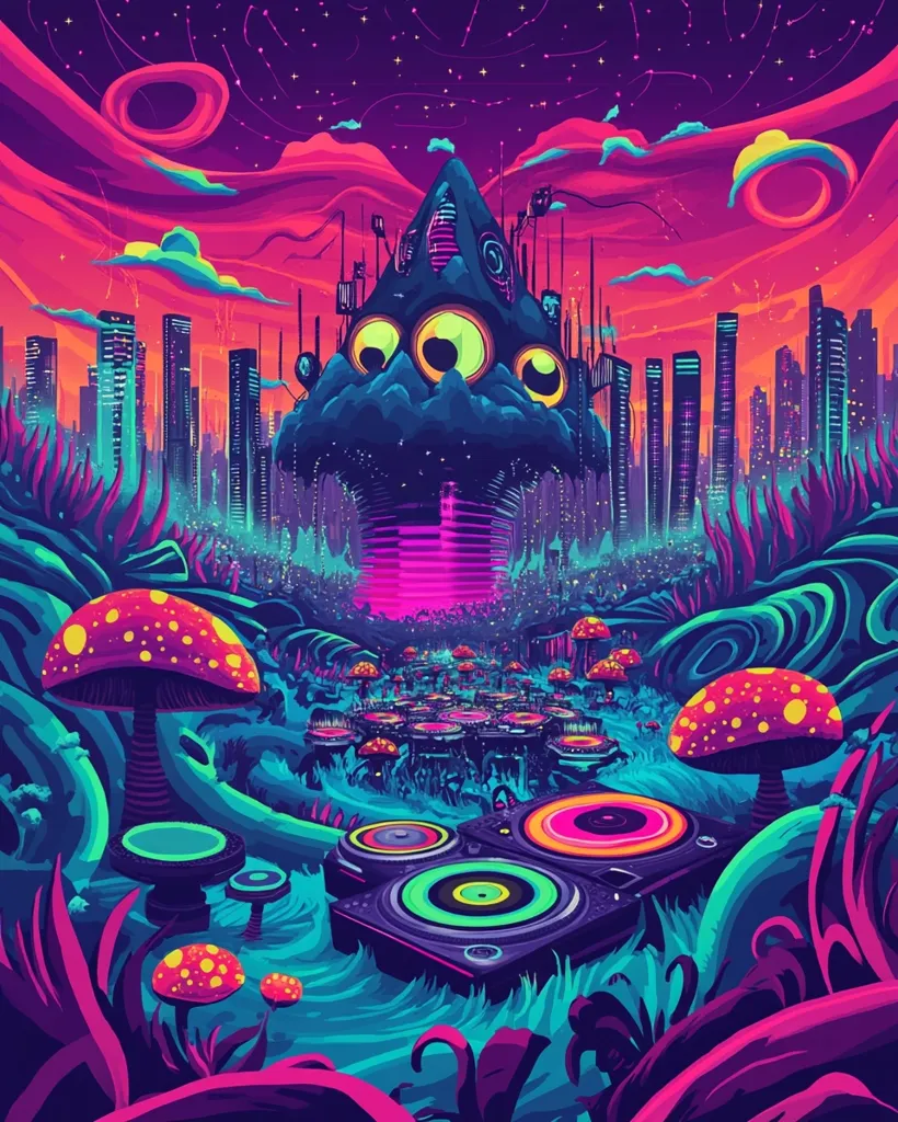 The image depicts a vibrant, surreal landscape. A towering, multi-eyed structure rises above a futuristic city, its form echoing that of a mushroom. Below, a forest of glowing mushrooms and swirling foliage surrounds a DJ setup. The colors are bright and psychedelic, creating a dreamlike atmosphere. The scene is both whimsical and slightly unsettling, hinting at an otherworldly realm.