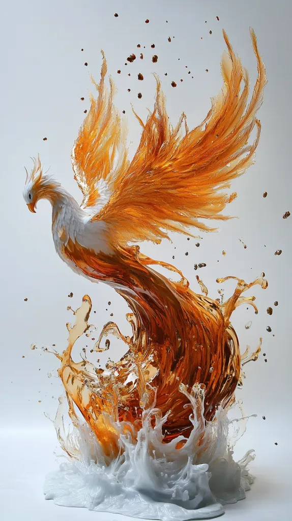 A phoenix is frozen in time, its wings spread and its body made of amber liquid. The liquid is splashing out in a dramatic fashion, creating a frozen moment of chaos and beauty. The phoenix is a symbol of rebirth and hope, and the image captures the moment of transformation.  The background is a simple white, allowing the phoenix to take center stage. The amber color is rich and warm, creating a sense of strength and power.  The white of the splashes adds a sense of lightness and energy to the image.  The overall effect is one of  a dynamic and captivating image.