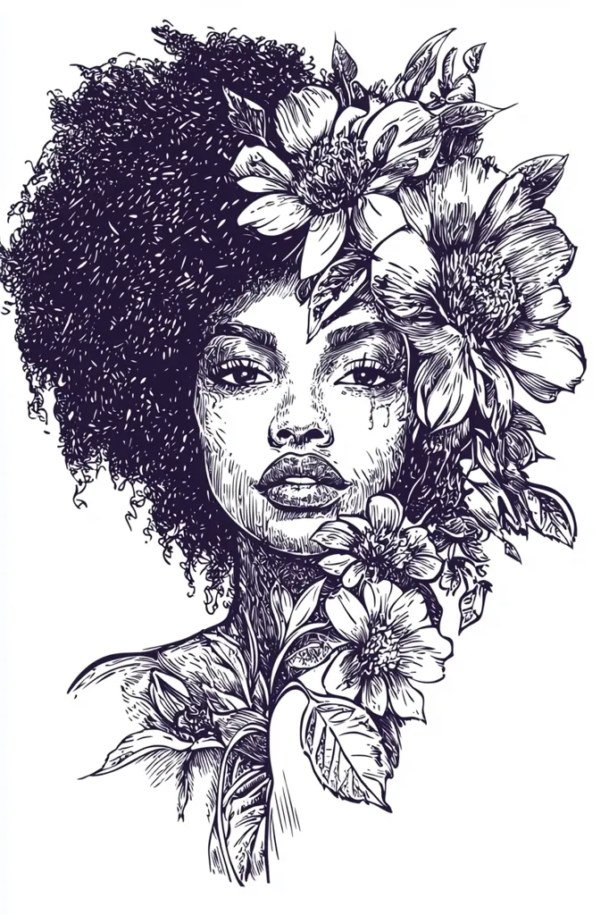 A black and white illustration of a woman with an afro and flowers in her hair. Her face is depicted with detail and expression. The woman has large flowers blooming on her head and shoulders, which are drawn with intricate detail. The image is drawn in a realistic style, creating a powerful and beautiful representation of the woman's strength and beauty.