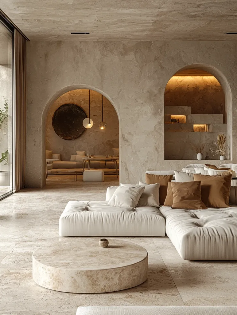 The image shows a modern living room with a minimalist aesthetic. A large, white modular sofa with brown throw pillows is centered in the room, facing a round coffee table made of natural stone. The room features a beige color scheme and is bathed in natural light. Two archways, one leading to a dining area and the other to a hallway, frame the space. The walls are a textured concrete, adding to the rustic yet refined feel of the room.