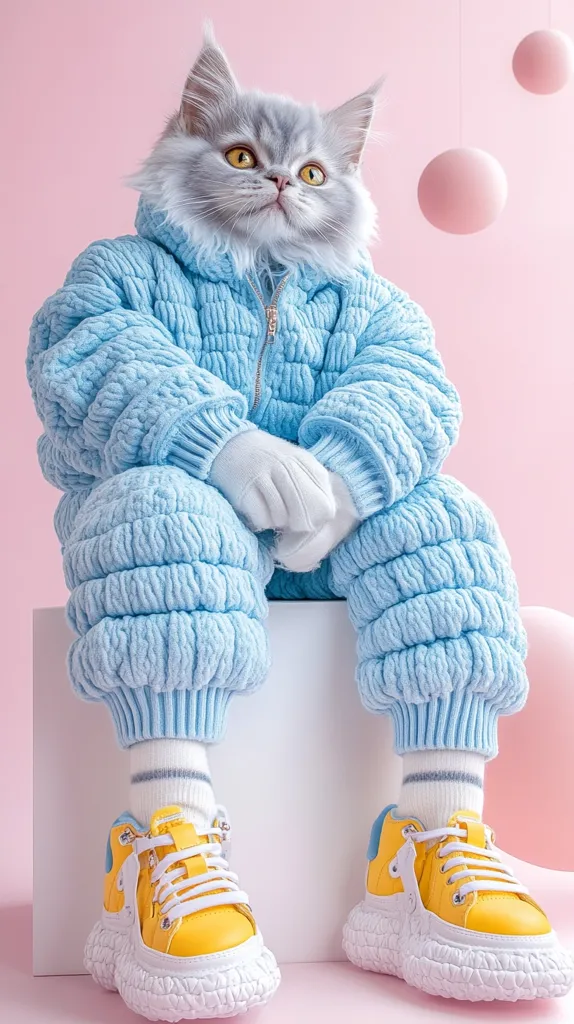A gray cat wearing a light blue puffy jumpsuit and yellow sneakers sits on a white platform against a pink backdrop. The cat's paws are crossed, and it has a serious expression on its face. The image is playful and whimsical, with the cat's attire and the pink background adding a touch of sweetness and innocence.  Two pink balls hang in the background, adding a touch of whimsy to the scene.