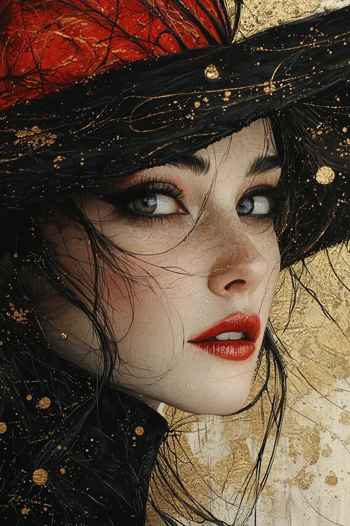 The painting depicts a woman with long, black hair and a red hat. Her eyes are large and expressive, and her lips are painted a vibrant red. The background is a textured gold, creating a sense of warmth and opulence. The woman's face is bathed in soft light, giving her an ethereal quality. The painting is a study in contrasts, with the dark hair and hat contrasting with the bright red lips and gold background. The overall effect is one of beauty and mystery.