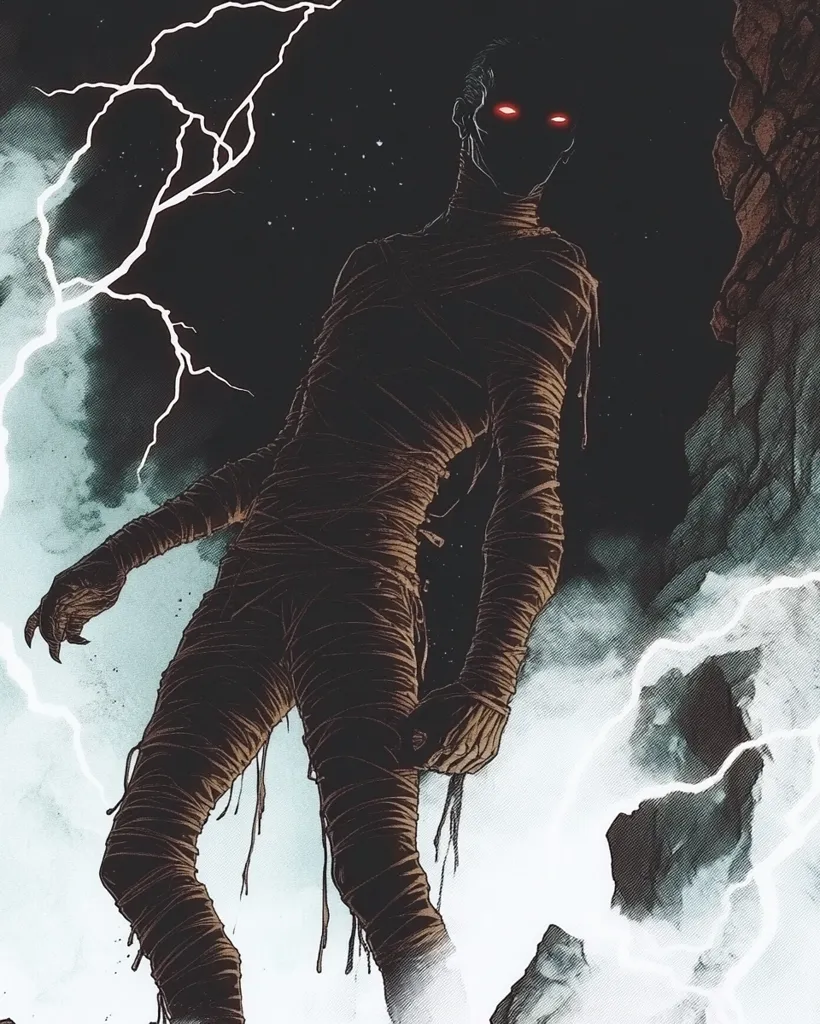 A shadowy figure, seemingly wrapped in bandages, stands amidst swirling, ethereal clouds and bolts of lightning. The figure's face is obscured, with only a pair of glowing red eyes piercing through the darkness. The image evokes a sense of mystery and foreboding, suggesting a supernatural or ghostly presence. The stark contrast of light and dark creates a dramatic and unsettling atmosphere.  The figure's pose and the swirling clouds suggest a powerful presence, perhaps a force of nature or a malevolent entity.