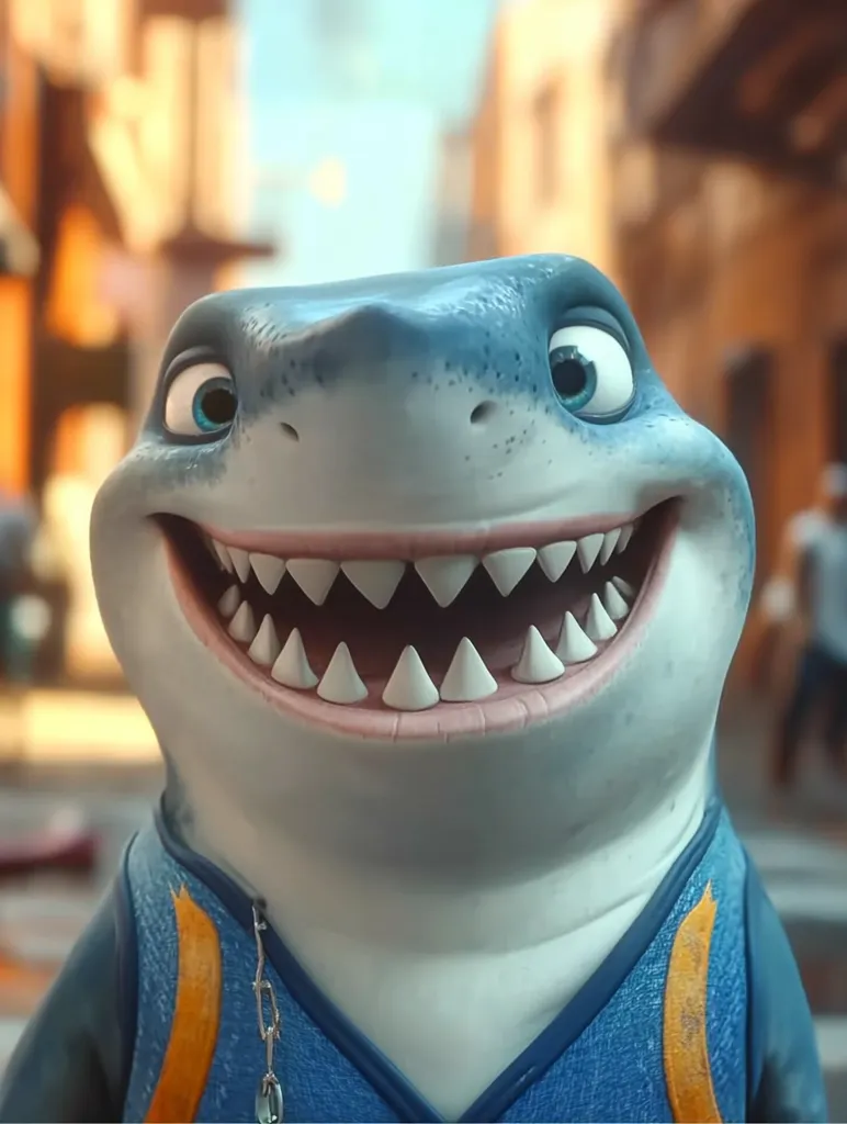 The image shows a close-up of a cartoon shark with a wide, toothy grin. He has large, expressive eyes and a blue and orange jersey. The background is blurred, suggesting a city or urban setting. The shark's cheerful expression and bright colors create a playful and friendly vibe.  The image is likely from an animated film or television show.