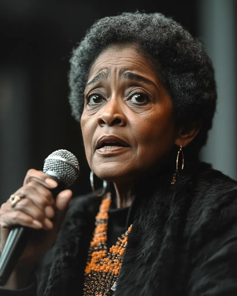 A woman with short, graying hair and dark skin speaks into a microphone. Her expression is serious, her mouth slightly open. She wears a black jacket over a beaded necklace and gold hoop earrings. The background is blurred, emphasizing the woman's presence. The lighting is soft and warm.