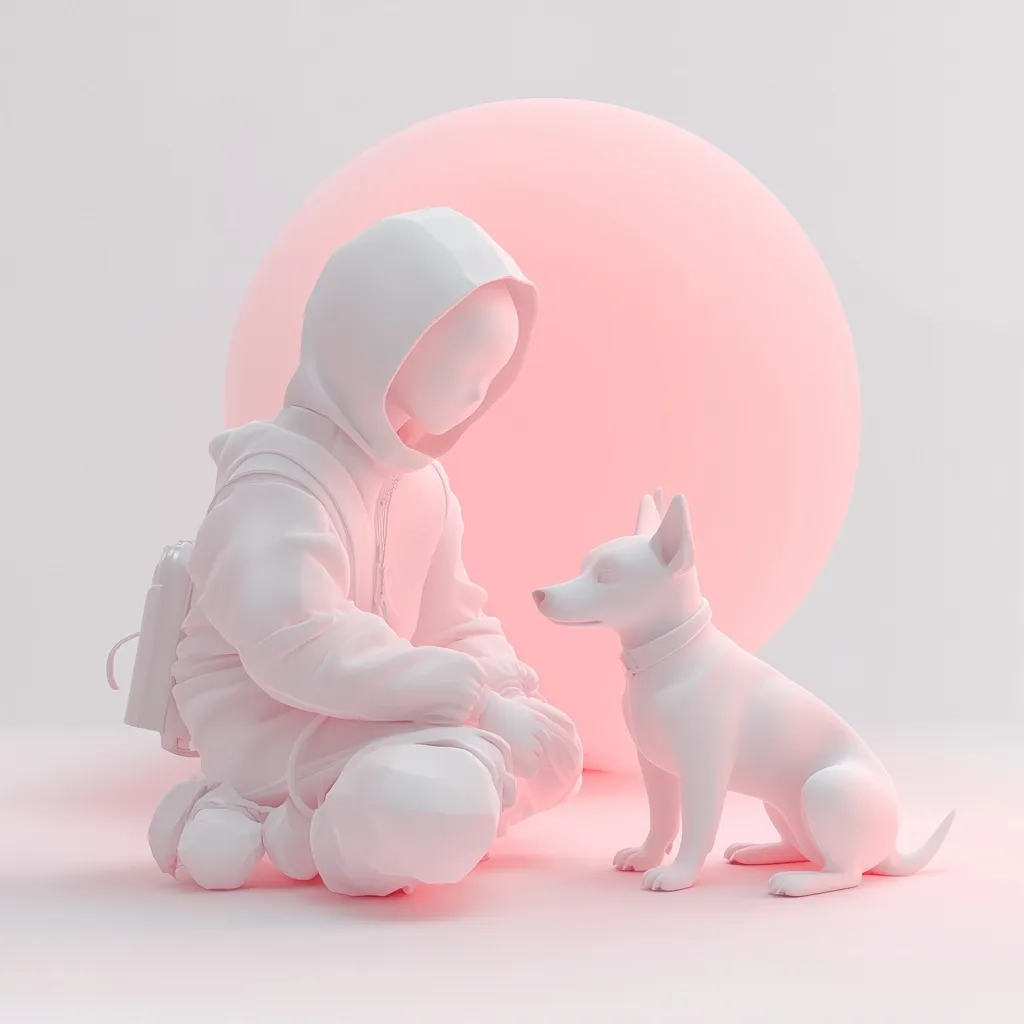 A white, hooded figure sits with legs crossed, facing a white dog with perked ears. The figure has a backpack on its back. A large pink orb sits behind them, casting a warm glow. The background is a light, neutral white. The image has a simple, minimalist aesthetic.