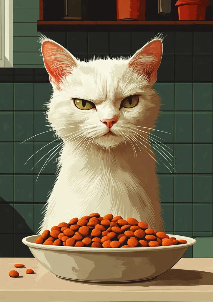 A white cat with piercing green eyes stares intently at a bowl of orange cat food. The cat’s fur is fluffy and its expression is serious, almost judgmental. The background is a simple, green tiled wall. A few stray cat food pellets lie on the countertop, suggesting the cat is not eating. The scene is a humorous take on the picky eating habits of some cats.