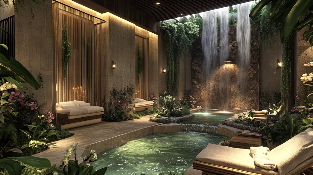 The image showcases a luxurious indoor spa retreat. Lush greenery surrounds a serene pool, while a waterfall cascades down a stone wall in the background. Natural light filters in through a skylight, illuminating the space. Comfortable loungers provide a place to relax and unwind.  The overall ambiance is tranquil and inviting, creating a sense of peace and rejuvenation.