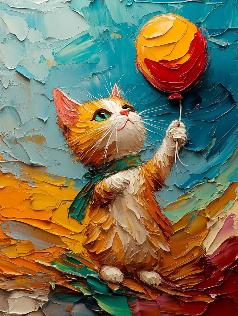 A playful orange tabby cat with a teal scarf looks up at a yellow and red balloon held in its paw. The painting is done in a thick, impasto style, with visible brushstrokes creating texture and depth. The background is a vibrant blue with hints of yellow, orange, and pink, creating a whimsical atmosphere.  The cat's expression is one of joy and wonder, highlighting the innocence and beauty of childhood.
