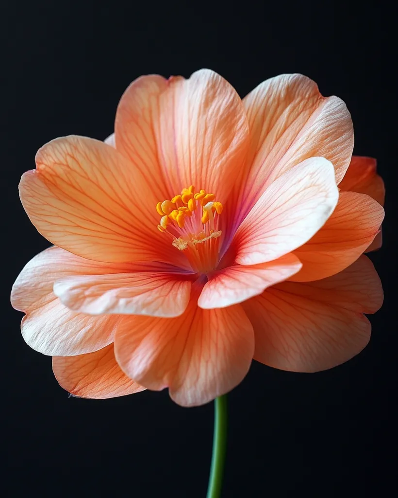 A single, delicate peach-colored flower with a soft, white center blooms against a dark background.  The flower is partially open, revealing its intricate structure of petals and delicate veins.  The center of the flower is a cluster of bright yellow stamens.  The image is a study in light and shadow, with the flower's petals illuminated by a soft, warm light.  The dark background provides a dramatic contrast, highlighting the flower's beauty.