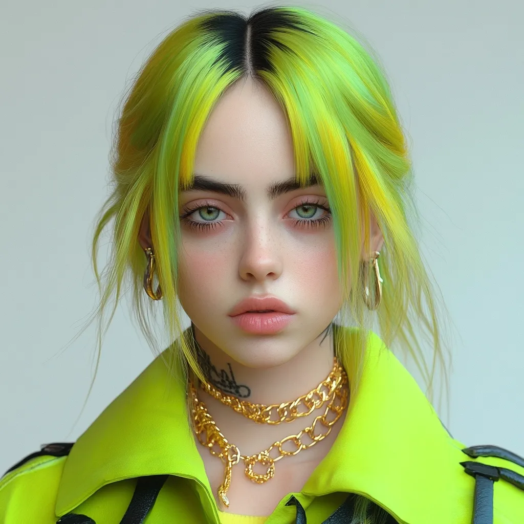 The image portrays a young woman with striking green and yellow hair. She has a serious expression, her eyes looking directly at the viewer. Her hair is styled in a way that frames her face, with a few strands falling over her forehead. She wears a bright green jacket and several gold necklaces. Her makeup is minimal, emphasizing her natural beauty. The overall impression is one of coolness and confidence.