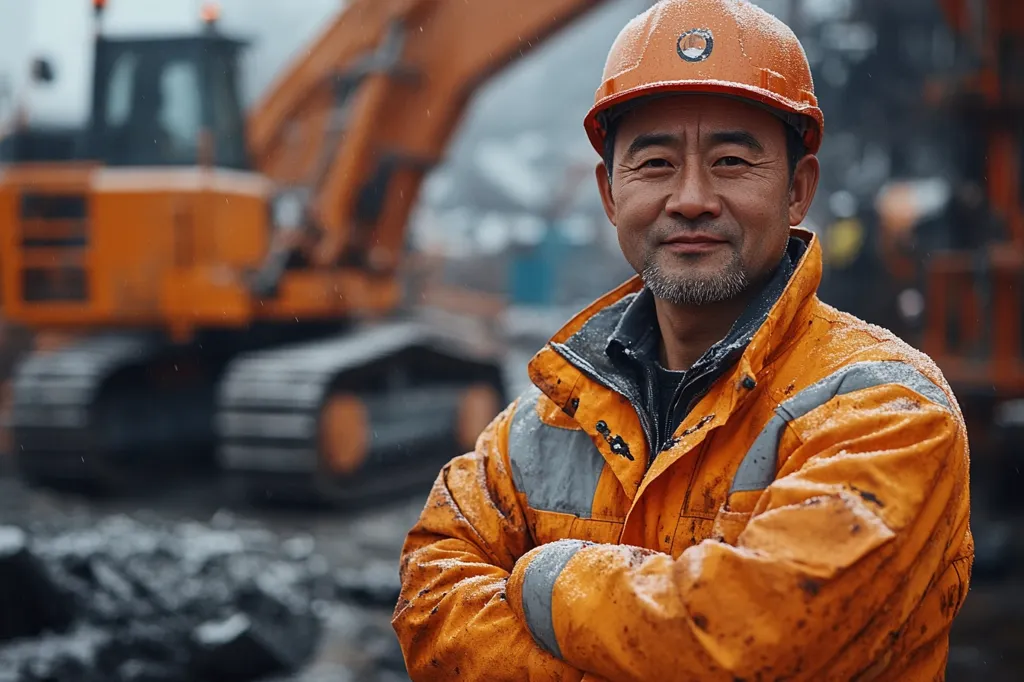 A construction worker stands with his arms crossed in front of a large orange excavator. He is wearing an orange jumpsuit with a grey reflective stripe and a white hard hat. His face is serious, and he looks directly at the camera. Snowflakes are falling around him, and the ground is covered in mud. He is a professional, working hard in challenging conditions.