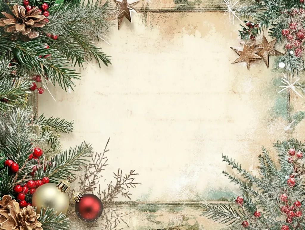The image is a festive Christmas background. It features a vintage, cream-colored parchment with a distressed texture, framed by lush evergreen branches dusted with snow. The branches are adorned with red berries and pinecones, while the top right corner is decorated with golden stars, adding a touch of sparkle and tradition. The overall effect is warm, inviting, and perfect for a holiday card or message.