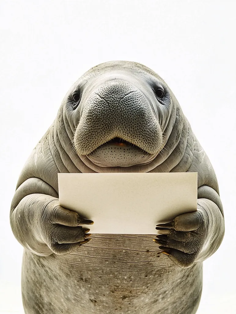 A manatee, a large, gray, aquatic mammal, is holding a blank white card in front of its face. It's looking directly at the camera with a curious expression. The manatee's wrinkled skin and large flippers are clearly visible, and it's positioned against a white background, which highlights its features. The image is playful and whimsical, capturing the manatee's gentle nature.