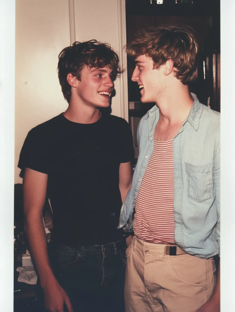 Two young men stand close together, looking at each other. The man on the left is wearing a black t-shirt and dark jeans, while the man on the right is wearing a light blue button-down shirt over a striped red and white shirt, beige pants, and a belt. The photo is taken in a dimly lit room, with the light coming from a window in the background. It appears to be an informal portrait taken by a friend.