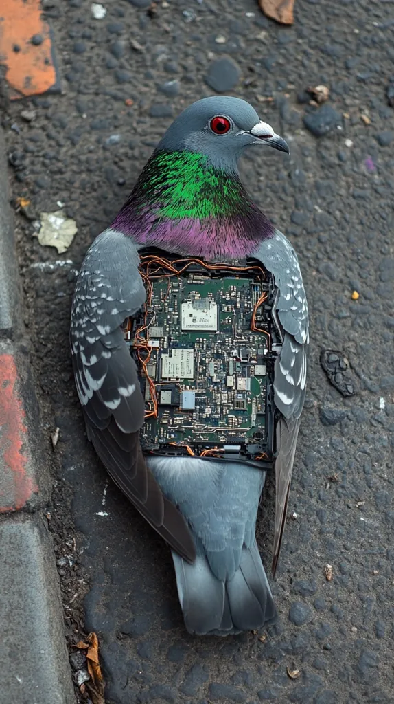 A pigeon is lying on a gray asphalt surface. It is a composite image of a real pigeon and a circuit board, which is seen inside the pigeon's body. The pigeon's head is turned to the right, and it has a green and purple iridescent sheen on its feathers.  The circuit board is green, and the wires are orange. The image is likely a creative representation of the increasing technological advancements and their impact on the natural world.