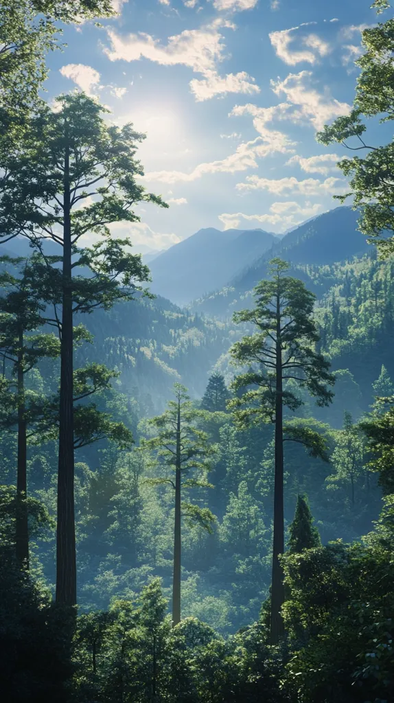 A lush green forest with tall trees, bathed in the soft light of a sun peeking through the clouds. The forest appears to be situated in a valley surrounded by rolling hills, with a hazy atmosphere adding a sense of depth and mystery. The image evokes a feeling of tranquility and peace, a serene escape into nature's embrace.