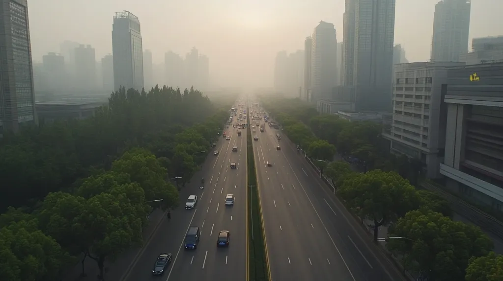 An aerial view of a six-lane highway lined with trees on either side, stretching into the distance towards a hazy skyline. Tall buildings dominate the cityscape, with the morning sun casting a golden glow on the scene. The atmosphere is filled with a light mist or smog, creating a sense of both beauty and pollution.  The highway is relatively empty, with only a few cars and trucks visible.