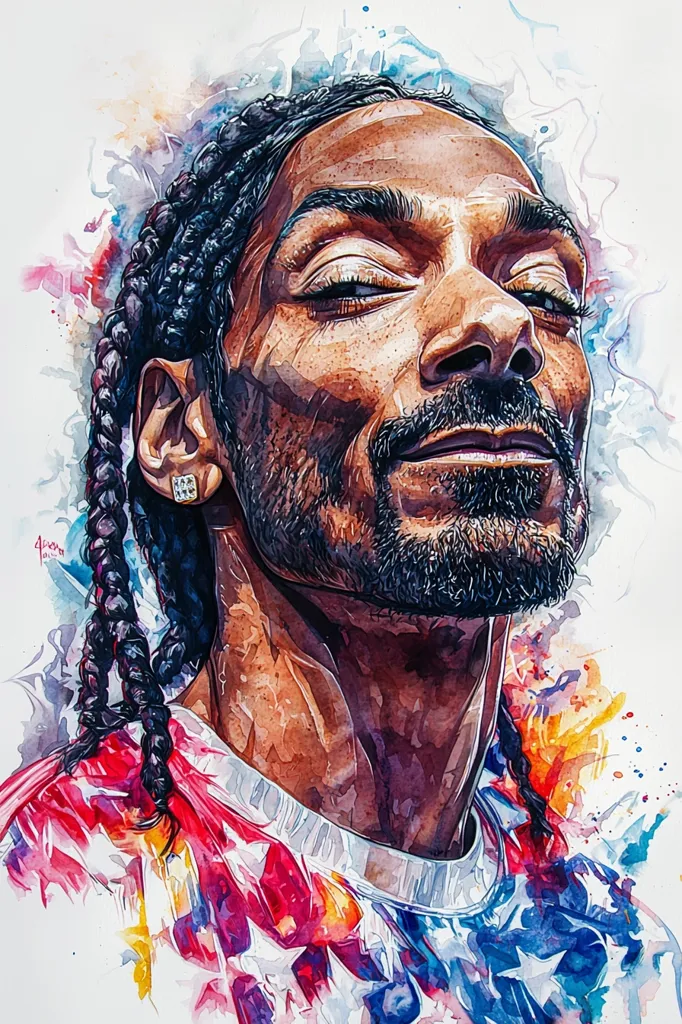 A watercolor portrait of Snoop Dogg, with his signature braids and a goatee. He has a relaxed, yet focused expression on his face and appears to be looking upward. The background is a vibrant, abstract mix of colors, with hints of red, blue, and yellow. The portrait is a striking depiction of the iconic rapper, with a sense of peace and confidence.