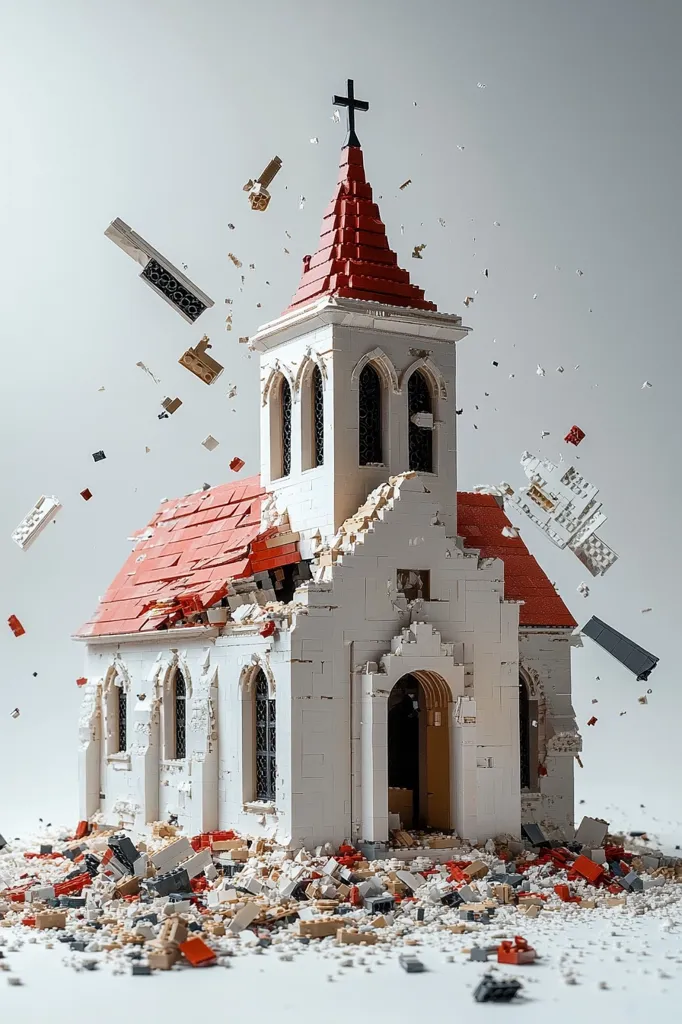 A white Lego church with a red roof is crumbling. Individual Lego pieces are scattered around the building, signifying destruction. The church's front is visible, featuring a large entrance and two windows on either side. The building has a tall steeple with a cross on top. The image highlights the fragility of structures and the power of destruction.