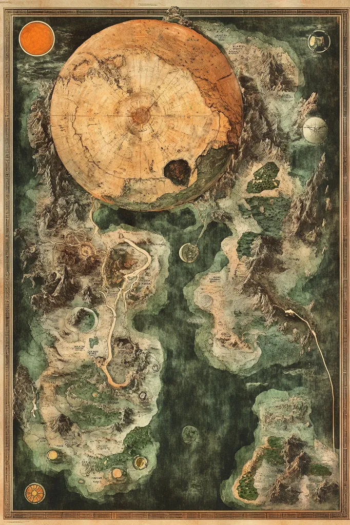 The image is a vintage-style map of a fantasy world. A large, circular landmass dominates the top center, surrounded by smaller islands and continents. The map is detailed with rivers, mountains, forests, and various other geographical features. The overall tone is earthy and rustic, with a faded, worn appearance.  The map is framed by a decorative border and features a sun in the upper left corner and other celestial bodies scattered throughout.  The map evokes a sense of mystery and adventure.