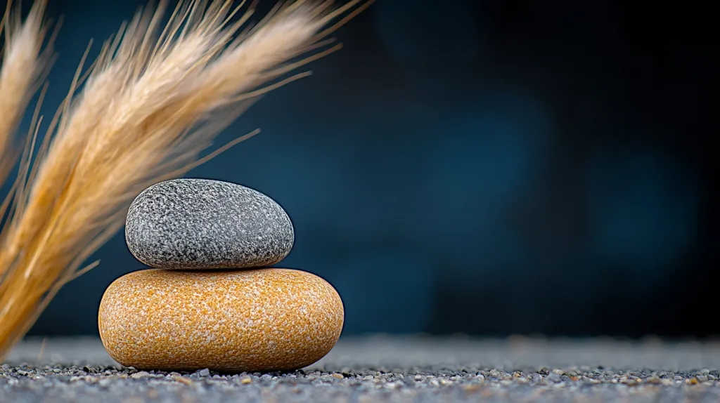 Two smooth stones, one gray and one yellow, are stacked on top of each other. They are resting on a bed of small pebbles. A blade of dry grass with feathery tips leans against the stones, its brown color contrasting with the blue background. The image evokes a sense of tranquility and balance, as if the stones and the grass are part of a zen garden.