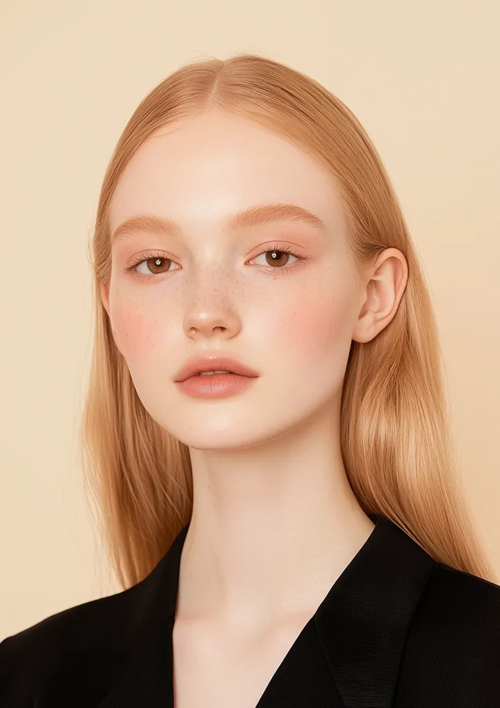 A young woman with long, flowing blonde hair is staring directly at the camera. She has a fair complexion, with light freckles visible on her nose and cheeks. Her lips are a soft pink, and she is wearing minimal makeup. She is wearing a black blazer, and the image has a soft, warm tone.
