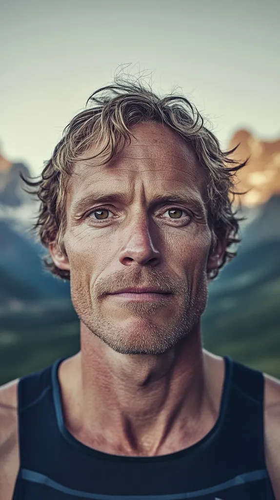 A man with tousled blonde hair and a rugged, weathered face stares intently at the camera. He is wearing a dark tank top and has a serious expression. His background is a blurred landscape with mountains in the distance. The image has a natural, candid feel, capturing the essence of a strong and determined individual.