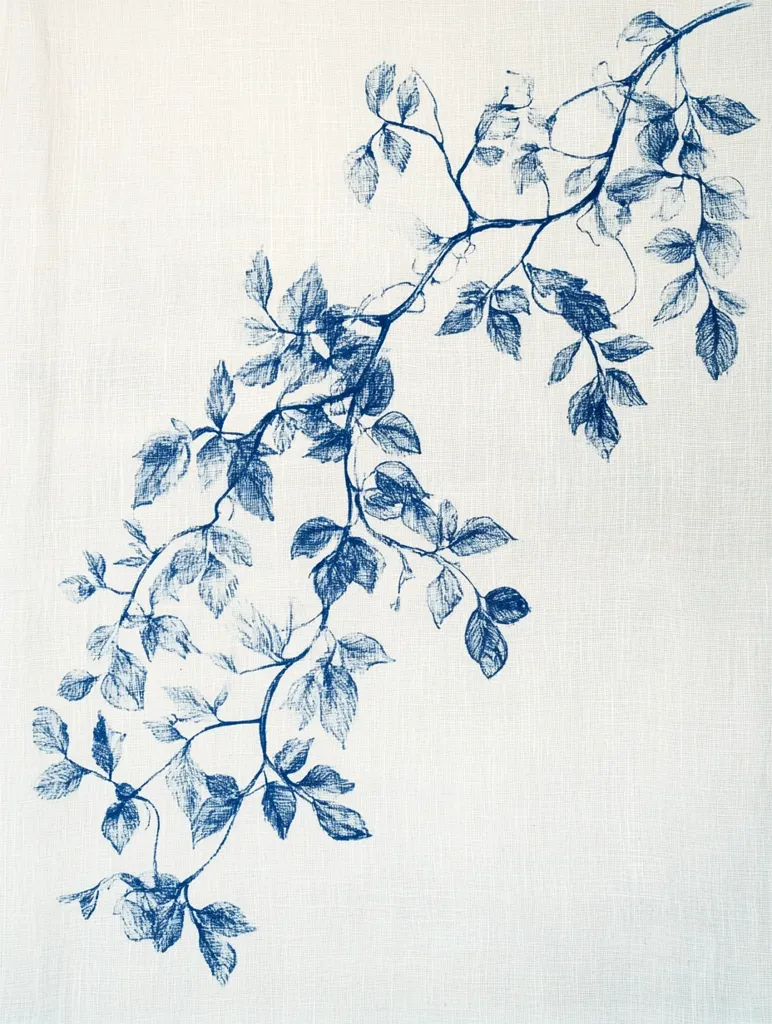 The image shows a delicate blue branch with leaves printed on a white linen background. The branch curves gracefully from the top right corner to the bottom left, creating a sense of movement and fluidity. The leaves are rendered in a simple yet elegant style, showcasing the natural beauty of the plant. The subtle texture of the linen adds warmth and depth to the image, creating a sense of sophistication and understated elegance.