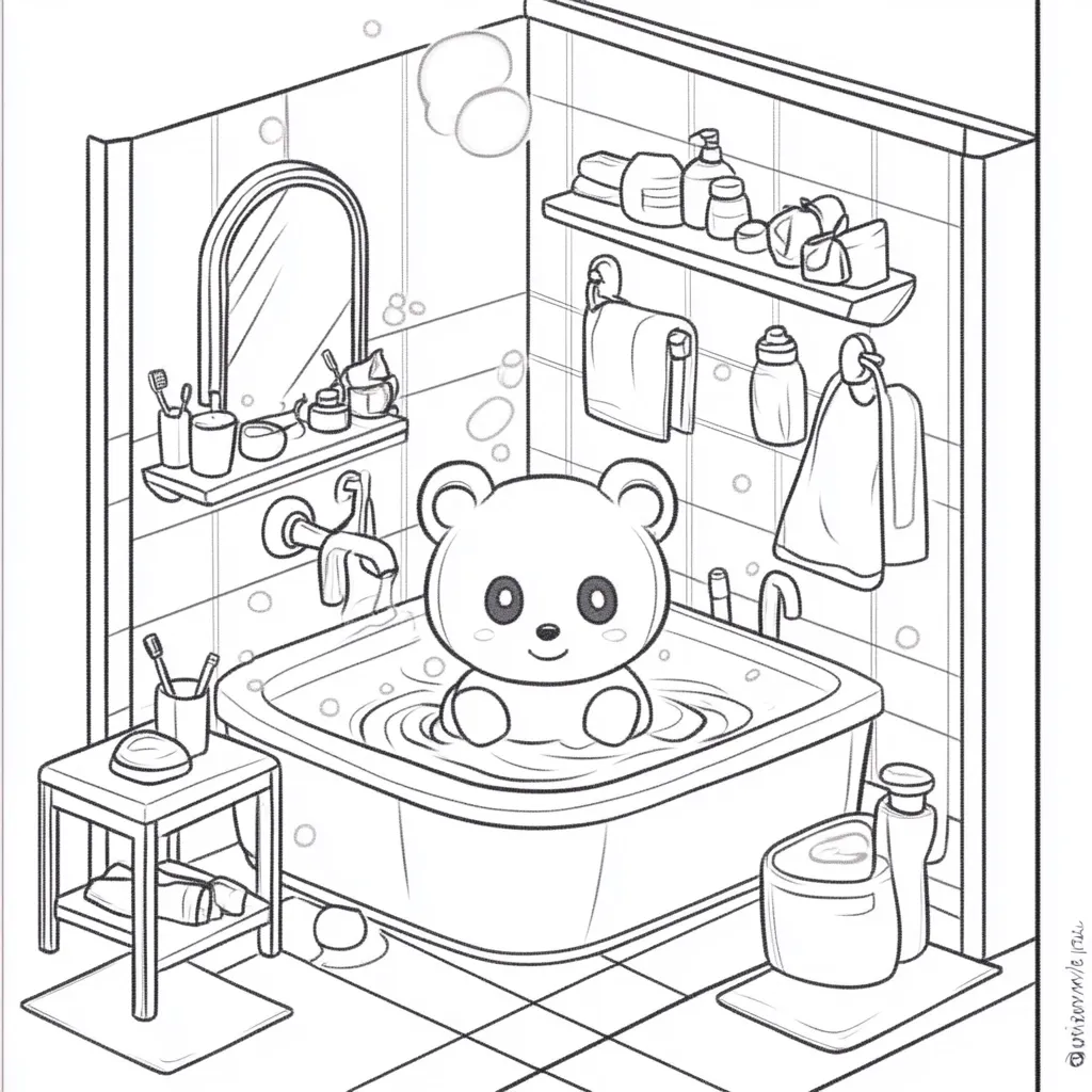 A black and white illustration of a bathroom with a bathtub. A bear is taking a bath with bubbles in the water. The bathroom has a shelf with toiletries, a mirror, a towel rack with towels, a small stool, and a toilet. The room is outlined in black, with the details left to be filled in by the viewer.
