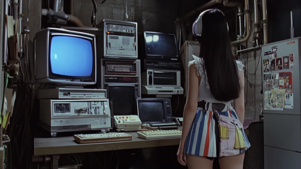 A woman with long black hair and headphones stands in a dimly lit room. She wears a colorful striped skirt and faces away from the camera. Behind her are several vintage computers and monitors, some with screens displaying blue and black images. The room has a cluttered, retro vibe, with pipes and wires visible. The overall aesthetic is cool and nostalgic.