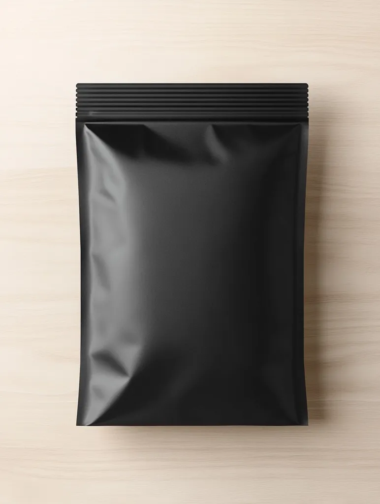 A black plastic bag sits on a light wood surface. The bag is sealed at the top with a crimped edge and has a smooth, slightly shiny surface. It appears to be empty and ready to be filled with product. The simple, clean background highlights the bag's shape and texture.